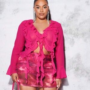 Ruffle Trim Flounce Sleeve Knot Front Crop Blouse